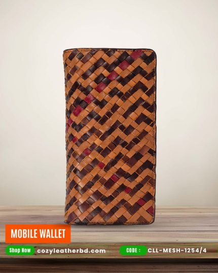 Mobile Wallet CLL-MESH-1254/4 – Multi-Tone Tan & Maroon Accent Hand Woven Leather Wallet for Dual Smartphones