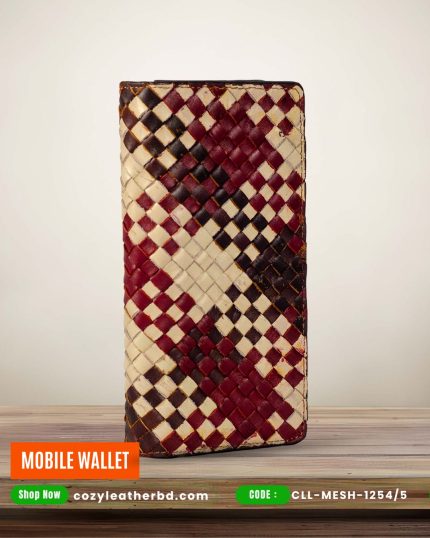 Mobile Wallet CLL-MESH-1254/5 – Tri-Tone Cream & Maroon Geometric Hand Woven Leather Wallet for Dual Smartphones
