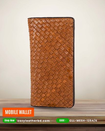 Mobile Wallet CLL-MESH-1254/6 – Solid Classic Tan Hand Woven Leather Wallet for Dual Smartphones