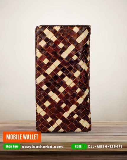 Mobile Wallet CLL-MESH-1254/3 – Tri-Tone Checkered Hand Woven Leather Wallet for Dual Smartphones